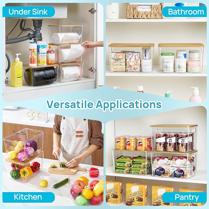Vtopmart 2 Pack Trash Bag Holder with Bamboo Lid, Garbage Bag Dispenser | Stackable Trash Bag Organizer for 13/30/33 Gallon Bags, Clear Organizer Bins for Under Sink, Laundry Room Organization