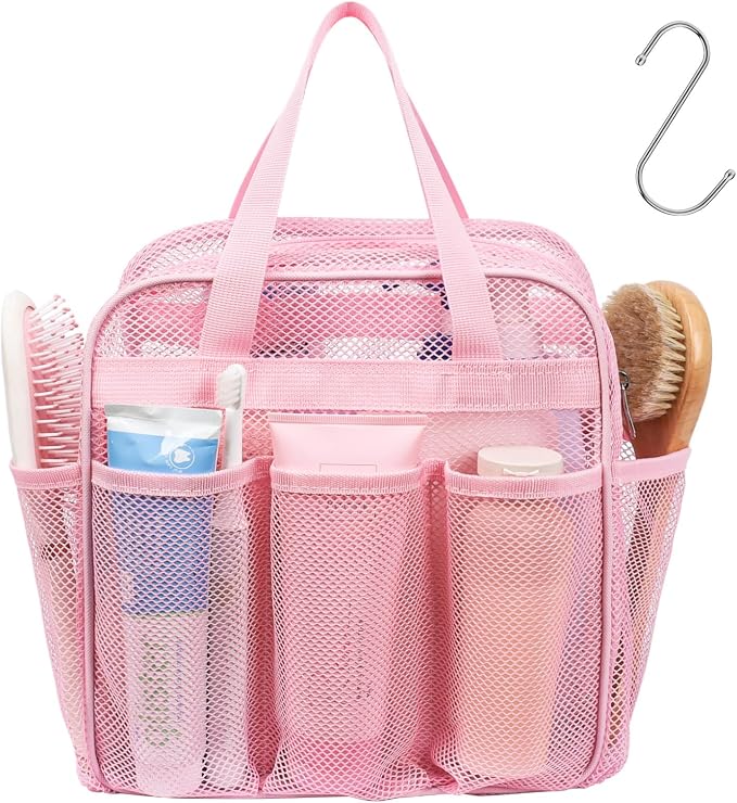 Mesh Shower Caddy Portable with Zipper - 2-Handle Shower Bag for Dorm | 8 Deep Pockets, S-Hook, Quick-Dry Mesh, College Dorm Room Essentials for Girls, Camping, Gym, Travel & Bathroom, Pink
