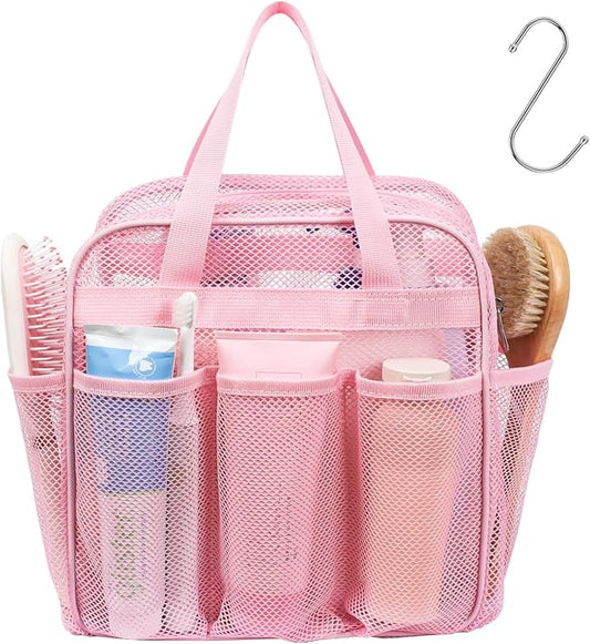 Mesh Shower Caddy Portable with Zipper - 2-Handle Shower Bag for Dorm | 8 Deep Pockets, S-Hook, Quick-Dry Mesh, College Dorm Room Essentials for Girls, Camping, Gym, Travel & Bathroom, Pink
