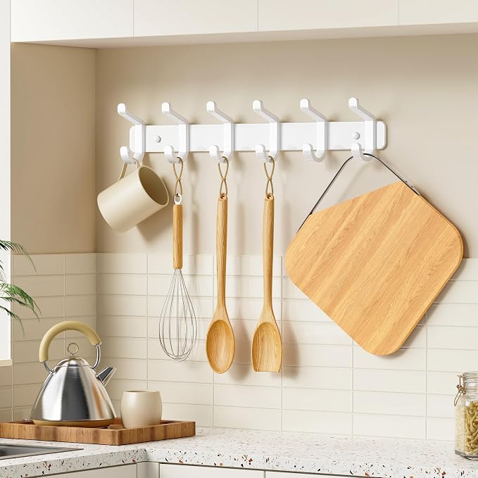 pickpiff Coat Rack Wall Mounted Heavy-Duty: Metal Coat Hanger 6 Hooks for Hanging Hat, Clothes, Robe, Keys, Backpack, Bathroom Towels, Jacket, Purse - Closet, Door, Entryway, Mudroom (White, 2 Pack)