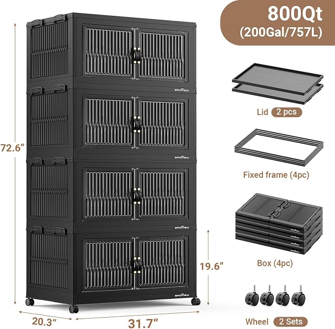 BROVIEW 800 Qt Extra Large Stackable Storage Bins with Lid, Plastic Closet Organizer and Storage Drawer, Collapsible Storage Box with Wheels, Folding Storage Cabinet for Closet Organizing, 4Pack Black