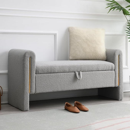 NIOIIKIT 52" Storage Ottoman Bench, Teddy Upholstered Storage Bench with Armrest, Entryway Bench with Pull-Ring, End of Bed Bench with Padded Cushion, Window Bench for Living Room (Grey)