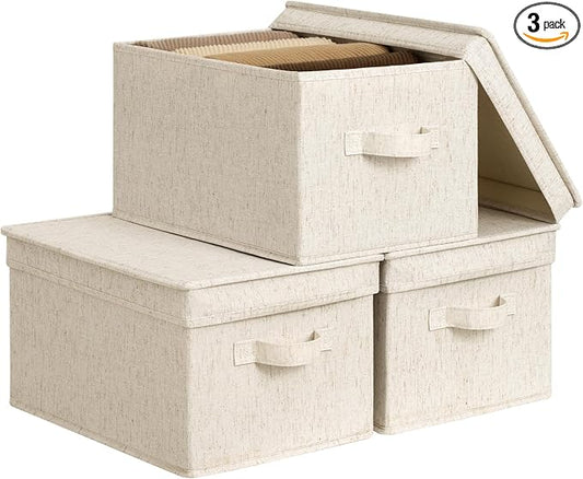 StorageWorks Fabric Storage Bins with Lids, Decorative Storage Bins with Soft Handles, Foldable Storage Baskets for Closet, Shelves, Stackable and Sturdy Organization, Beige, Large, 3-Pack