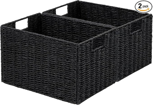 Vagusicc Wicker Storage Basket, Set of 2 Hand-Woven Paper Rope Wicker Basket, Small Storage Baskets for Organizing Toilet Paper Baskets, Foldable Large Cube Storage Organizer Bin for Shelves (Black)