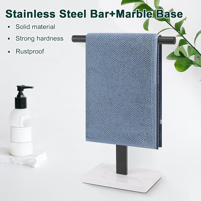 Hand Towel Holder, T-Shape Hand Towel Stand for Bathroom, Hand Towel Rack Bar Standing for Vanity Kitchen Countertop, 304 Stainless Steel, Marble Base (Black)