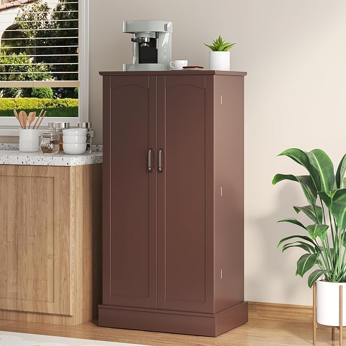 kepptory 47" Freestanding Kitchen Pantry Cabinet with Adjustable Shelves | Magnetic Doors & Anti-Tip Device, Storage Cupboard for Kitchen Laundry Living Room, Walnut