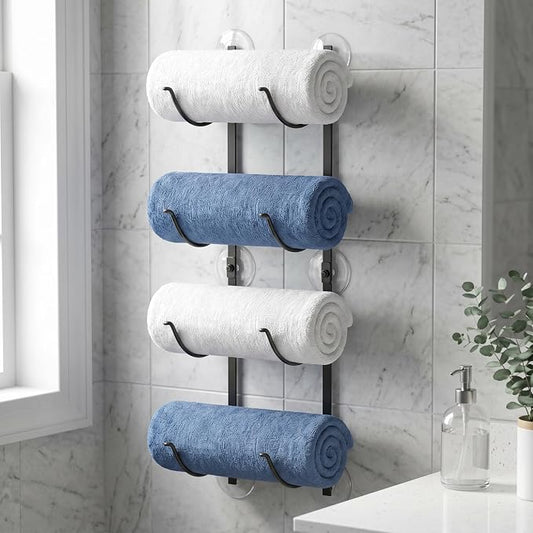 4-Tier Bathroom Rolled Towel Rack Wall Mounted Towel Storage Holder, Adhesive & Drill Hanging Organizer for Towels, Blankets, Large Bath Sheets, Space Saving in RV, Apartment Friendly