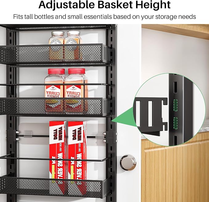 8 Tiers Over the Door Organizer - Height Adjustable Pantry Organizers and Storage with Dense Mesh Baskets, Anti-Swing Hanging Door Spice Rack for Kitchen Bathroom (Black, 12.3"W x 4.7"D x 69"H)