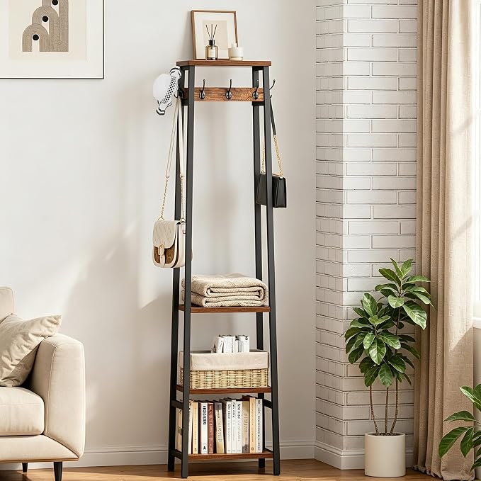 Coat Rack Freestanding with 3 Shelves and 7 Hooks | Coat Stand, Hall Tree Free Standing, Clothes Rack Stand Organizer, Industrial Style, Rustic Brown and Black