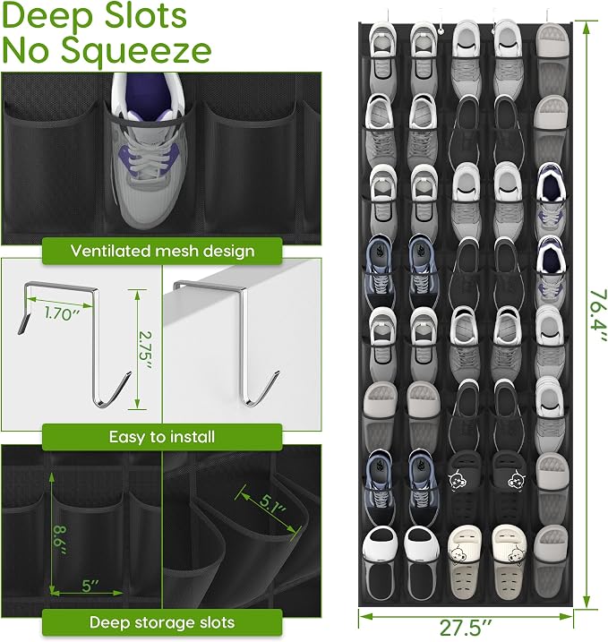Over the Door Shoe Organizer with 40 Large Breathable Mesh Pockets, Space Saving Shoe Holder, Hanging Shoe Rack for Entryway Bedroom Closet Storage (Black, 80 Pockets)