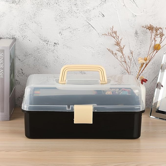BTSKY 3-Layer Plastic Dividing Storage Box Craft Organizer and Storage | Portable Handled Art Supply Organizer with Adjustable Spacers Multipurpose Home Utility Box for Medicine Sewing(Black+Beige)