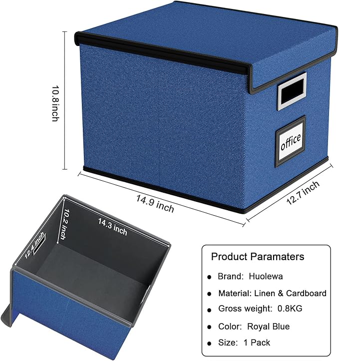 File Organizer Box with Lids, Collapsible File Folder Organizer | File Box with Plastic Slides for Document, Filing Bin for Letter Size Hanging File Folders (1 Pack, Royal Blue)