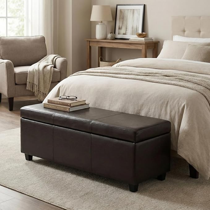 SIMPLIHOME Avalon Storage Ottoman Bench - 48" Wide x 16" High Upholstered Vegan Leather Rectangular Lift-Top Ottoman in Tanners Brown, Contemporary Storage Bench for Living Room with High-Density Foam