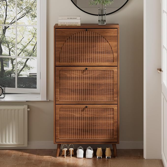 Fsbecl Shoe Storage Cabinet for Entryway with 3 Fluted Flip Drawers, Walnut | 23.6'' Narrow Freestanding Shoe Rack with Adjustment Shelves, Wooden Hidden Organizer for Hallway Foyer, 12-18 Pairs