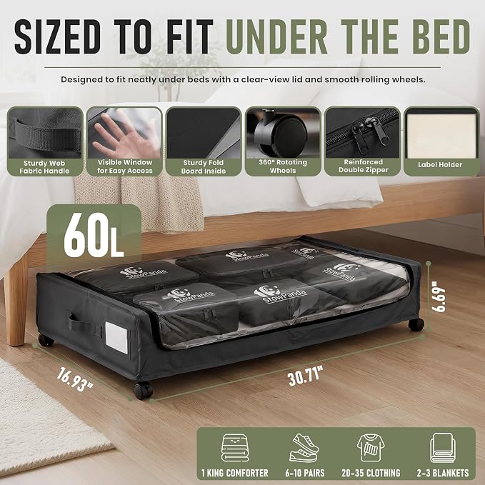 60L Under Bed Storage with Wheels, With 6 Travel Bags, 2-Pack, Dark Gray | Rolling Underbed Storage Containers, Clear Lids, Heavy Duty Steel Frame, Organizer for Clothes Shoes Comforters Blankets Toys