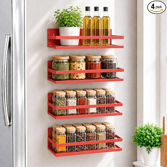 SMRCAD 4 Pack Metal Magnetic Spice Rack for Fridge – Heavy-Duty | Iron Construction, Rust-Resistant, Dust-Resistant, Fits Condiment Bottles, Includes Screws for Optional Wall Mount