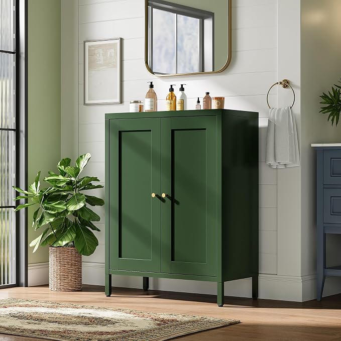Bevivog Small Bathroom Storage Cabinet, Green Metal Locker Cabinet with 2 Doors and 2 Adjustable Shelves, Metal Floor Cabinets Sideboard for Home Office, Living Room, Hallway, Entryway