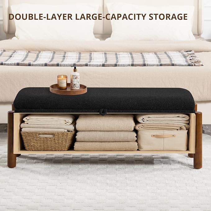 55'' Modern Storage Ottoman Benches | Walnut Wood Legs 26 Gallons Storage Space Fabric Upholstered Seating End of Bed for Bedroom for Livingroom Black