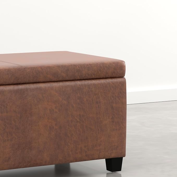 SIMPLIHOME Avalon Storage Ottoman Bench - 48" Wide x 16" High Upholstered Vegan Leather Rectangular Lift-Top Ottoman in Distressed Pecan Brown, Contemporary Storage Bench with High-Density Foam