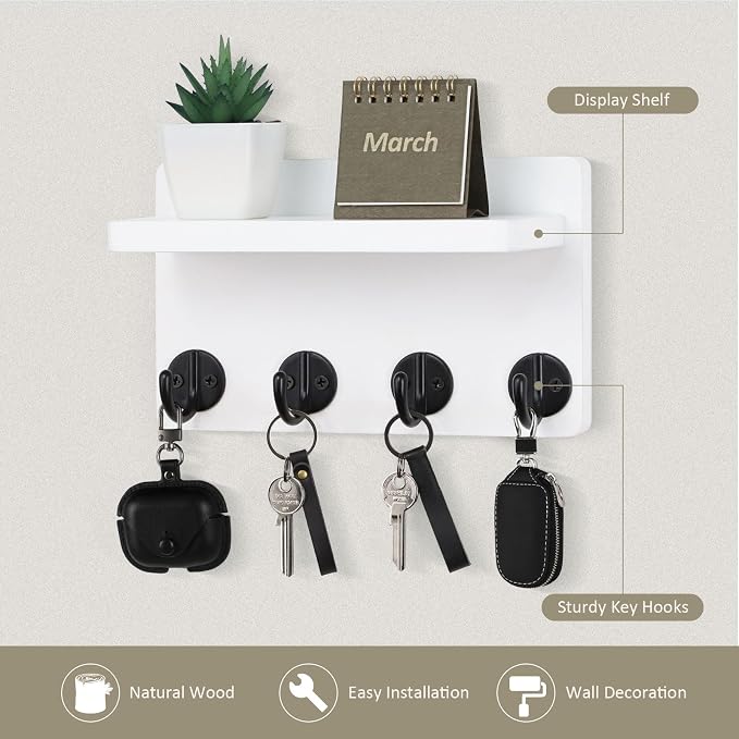 Nekon Key Holder Wall Mount, 8.5 Inch Small Home Decor Wooden Wall Organizer with 4 Hooks and Shelf, Wall Decor for Living Room Entryway Kitchen (White)