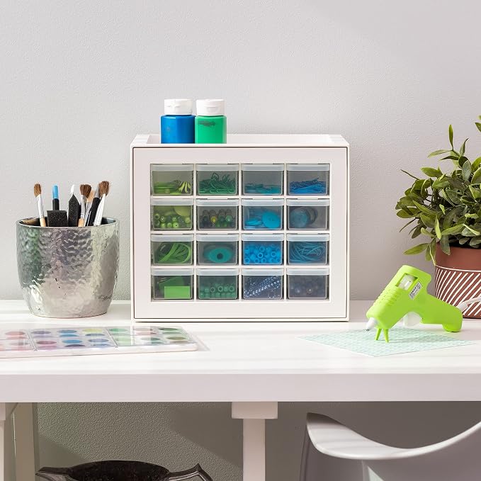 IRIS USA 16-Drawer Small Drawer Organizer, Craft Desk Storage, White | Wall mountable, Stackable Teacher Toolbox, Beads, Building Bricks, Water Packets, Screws, Hardware