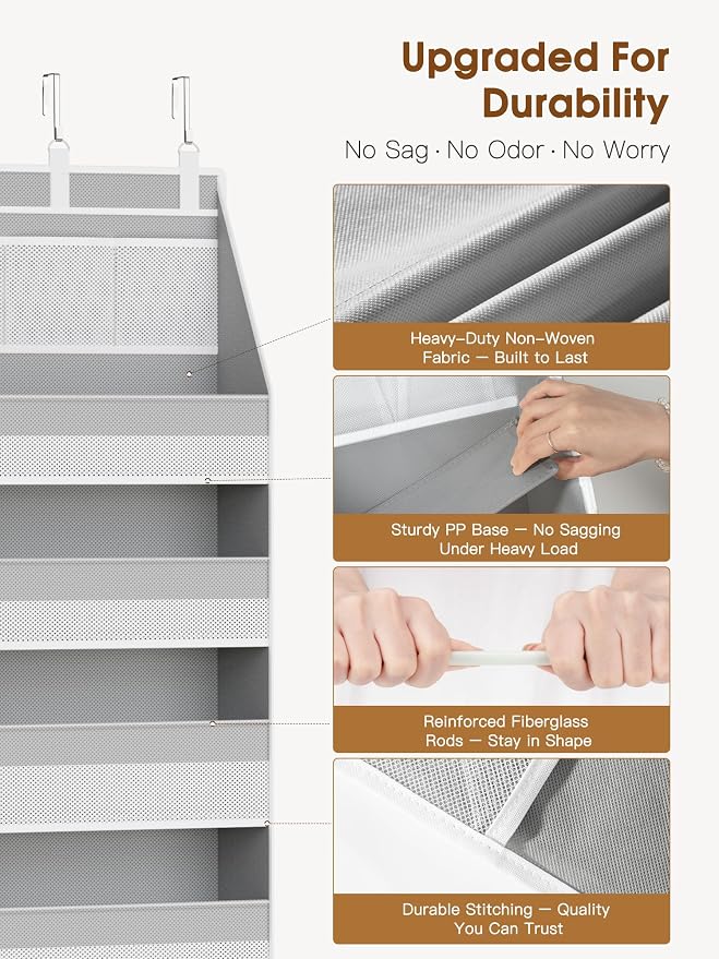 Criusia Over The Door Organizer, Heavy-Duty 6-Shelf Hanging Storage with 13 Mesh Pockets, 55lbs Capacity Behind The Door Storage for Nursery, Bathroom, Bedroom, and Dorm, Grey