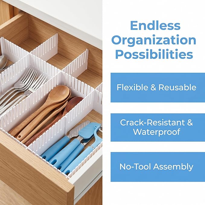 Adjustable Plastic Drawer Separators, 15 PCS Dividers + 25 Connectors, 14.96" Length x 4.33" Height, Cuttable Storage Organizer for Socks, Garments, Kitchen Tools, Bedroom & Bathroom Drawers