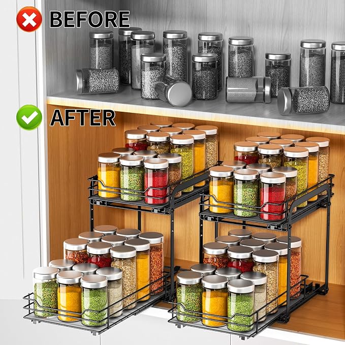 RCHYFEED 2 Tier Pull Out Spice Rack for Cabinet,7.5" Wx10.5 Dx9.5 H | Height Adjustable Spicy Shelf Metal Slide Out Spice Rack Heavy Duty Vertical Spice Shelf for Inside Cabinets & Pantry