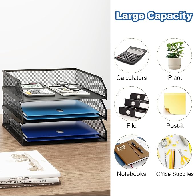 Natwind 3-Tier Stackable Metal Mesh Paper Organizer with Sliding Tray,Black | Desk Organizer for Office Supplies, Letter Tray For Desktop,File Holder For Home School Classroom Organization