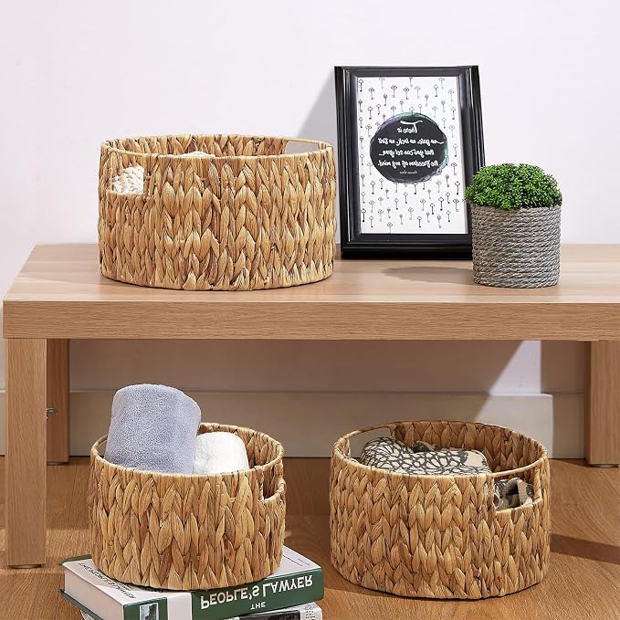 Wicker Storage Basket, Hand-Woven Water Hyacinth Large Round Woven Basket With Handles, Wicker Baskets for Organizing/Storage, 3-Pack