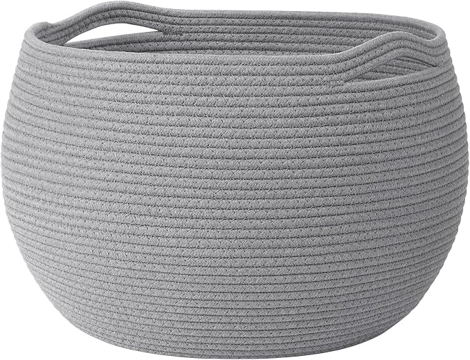 Goodpick Large Woven Storage Basket with Handles, 15.7" x 10.5", Grey | Round Toy Storage for Kids, Cotton Rope Basket for Nursery Living Room, Holds Blankets, Toys & Baby Shower