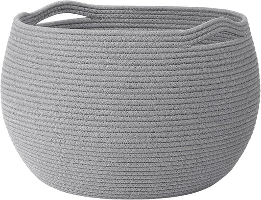 Goodpick Large Woven Storage Basket with Handles, 15.7" x 10.5", Grey | Round Toy Storage for Kids, Cotton Rope Basket for Nursery Living Room, Holds Blankets, Toys & Baby Shower