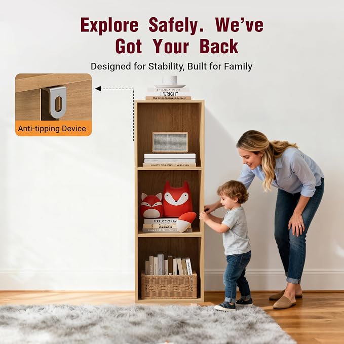 Book Shelf, Wooden Cube Storage Organizer with 11" Open Cubes, Stackable Modular Bookcase for Room Divider Storage, 3 Tier Bookshelf for Living Room, Bedroom, Office (Oak, 3-Cube)