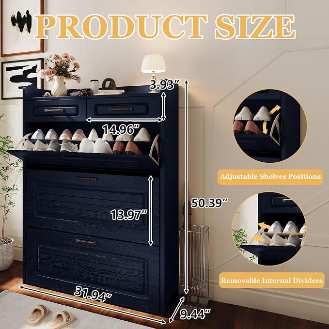 ODUWA Shoe Cabinet with 3 Flip Drawers and 2 Storage Drawers, Shoes Organizer Cabinets with Adjustable Divider, Hidden Shoe Storage Cabinet for Entryway, Hallway, Living Room, Blue