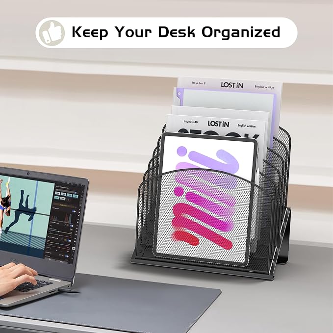Sinboun Inclined Desk File Organizer Folder Holder with 5-Section, Black
