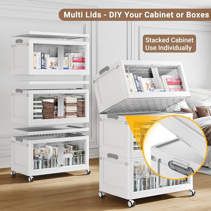 BROVIEW 640Qt Extra Large Stackable Storage Bins with Lids, 160Gal Collapsible Storage Bin with Wheels Clear Door, Folding Plastic Closet Organizers and Storage Drawers for Home Kitchen, 4 Pack White