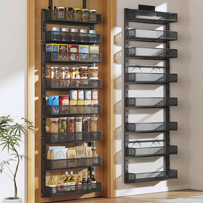 Pantry Door Organizers and Storage, 8-Tier Large Metal Heavy-Duty Frame Over the Door Spice Rack, 2 in 1 Wall-Mounted or Hanging shelf for Kitchen, Bathroom, Laundry Room, Bedroom, Closet &Nursery