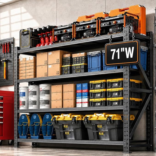 5000LBS Garage Shelving, 71" W Heavy Duty Metal Adjustable 4 Tier Storage for Warehouse, Basement, Shop and Office, Commercial-Grade Industrial Shelving, 71" W x 24" D x 69" H