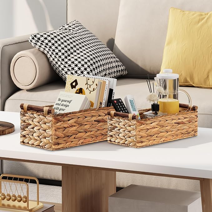 Vagusicc Wicker Storage Basket, Set of 2 Hand-Woven Water Hyacinth Wicker Basket for Organizing with Handle Decorative Storage Bins for Counter Pantry Shelves Toilet Paper Basket for Toilet Tank Top