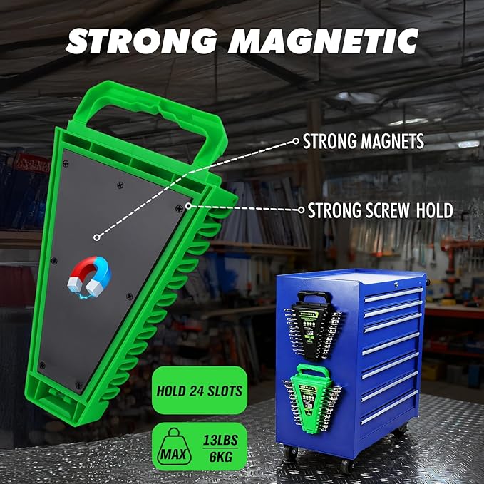 2-Piece Magnetic Wrench Organizer, Metric & SAE Portable Plastic Wrench Holder, 24-Slot Total, Foldable Carrying Handle for Wall-Mounted, Easy-Open Lock Cover, Wrenches Storage Rack Tool for Tool Box