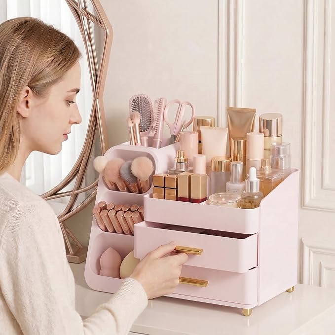 Large Capacity Makeup Organizer Countertop with Makeup Brush Holder for Vanity, Thickened Material, Bathroom Countertop Organizer Skin Care Perfumes Storage, Teen Girl Gifts for 12-23 Year