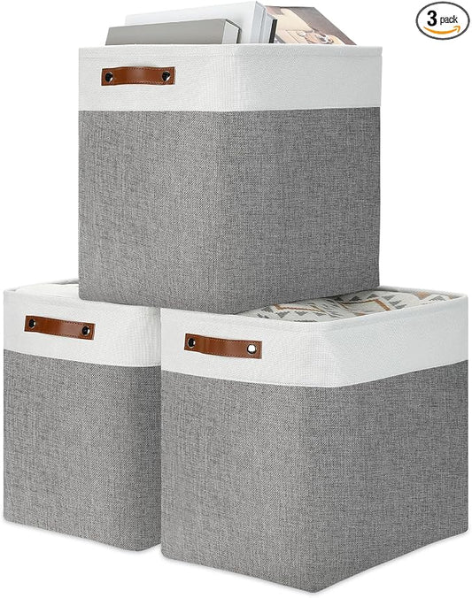 DULLEMELO Storage Baskets 17 inch Large Basket for Blanket Living Room, Foldable Storage Bins Baskets for Organizing [3 Pack] Blanket Storage Baskets Organizer for Home,Office,Closet(White&Grey)