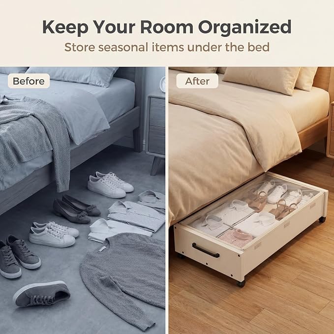 KITHELP Wooden Under Bed Storage with Wheels, Rolling Under the Bed Storage Bins with Removable Lid, Metal Under Bed Drawers for Clothes and Shoes in Bedroom or Living Room (White-2pack)
