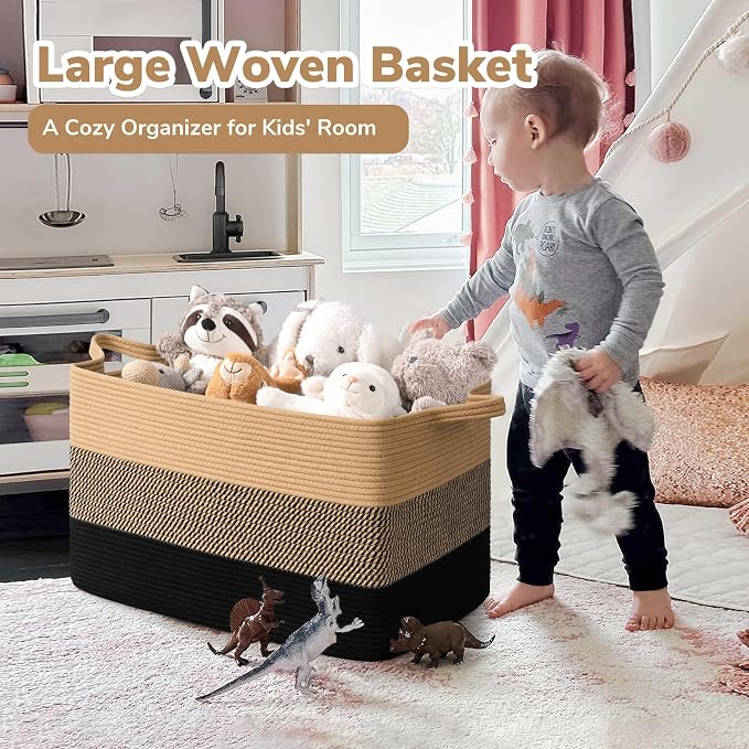 Goodpick Extra Large Wicker Blanket Basket with Handles, Black Jute | 85L, 23.6 x 15.7 x 13.8 in, Rectangle, Living Room, Bedroom & Nursery Organization, Blankets, Pillows & Toys Storage