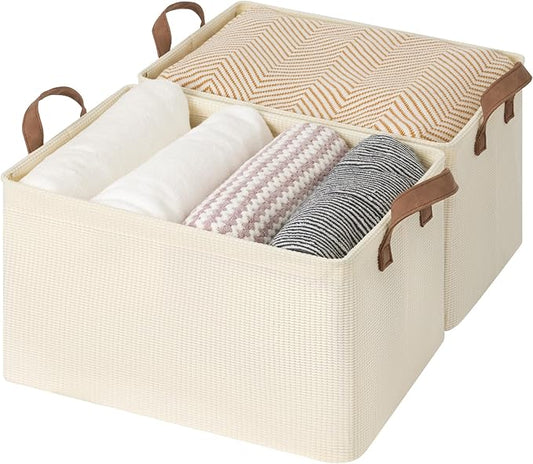 StorageWorks Storage Bins, Shelves Baskets for Organizing, Large Fabric Closet Organizers with Handles, Metal Frame, Beige-Texture, 2-Pack