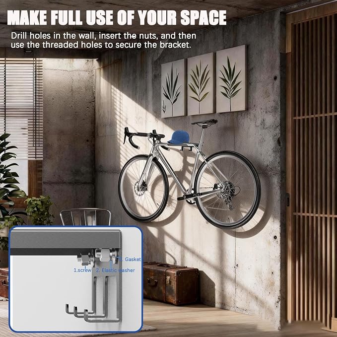 Bike Wall Mount - Heavy Duty Horizontal Indoor Bike Storage Garage Rack | with Holds a Helmet and Shoes Hanger, Space Saving Wall Bicycle Mount for Road, Mountain & Hybrid Bikes, Max 66 lbs