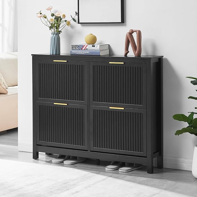 4-Flip Drawer Shoe Cabinet Narrow Entryway Rack, Black | Vertical Wood Grain, Metal Handles, Adjustable Compartments, Removable Shelf, Anti-Tip Device, for Hallway Foyer Entryway