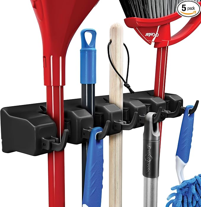 Mop and Broom Holder Wall Mount - Garage Storage Organizer with 5 Slots, 6 Hooks, 7.5lbs Capacity Per Slot - Home, Kitchen, Closet, Garden Tools, Laundry Room Organization – Black Broom Hanger
