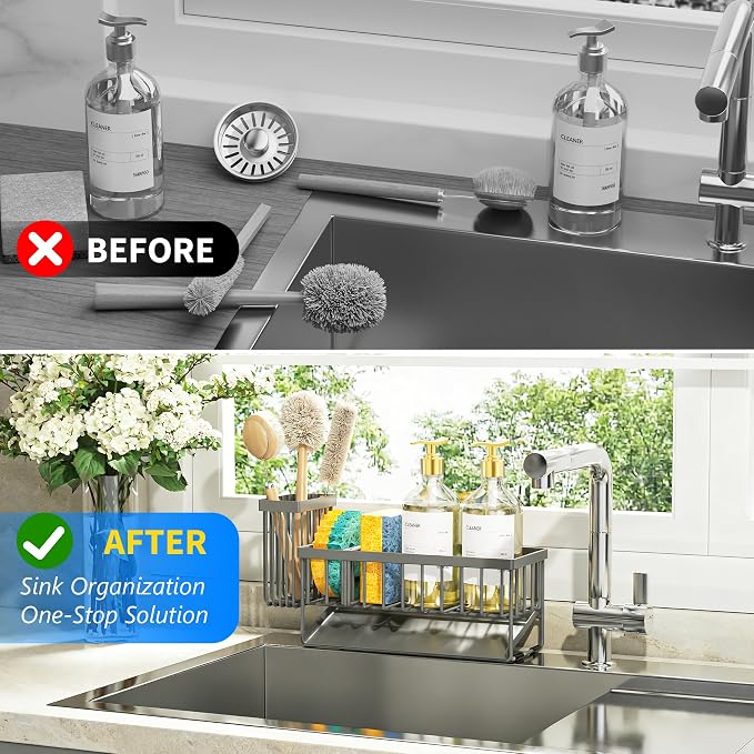 Cisily Sink Caddy Organzier with High Brush Holder, Sponge Holder for Sink, 304 Rustproof Stainless, Kitchen Countertop Soap Dispenser Organizer, Dark Gray Kitchen Decor and Accessories