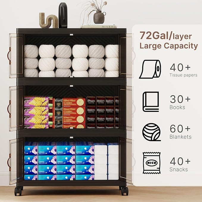 288QT Extra Large Stackable Storage Bins with Lids | & Wheels & Door, 72Gal Foldable Collapsible Closet Organizers, Plastic containers drawers for bedroom Dorm